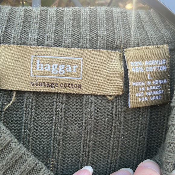 Haggar vintage cotton V-neck Sweater Large Olive Green/Navy stripe - Picture 2 of 7